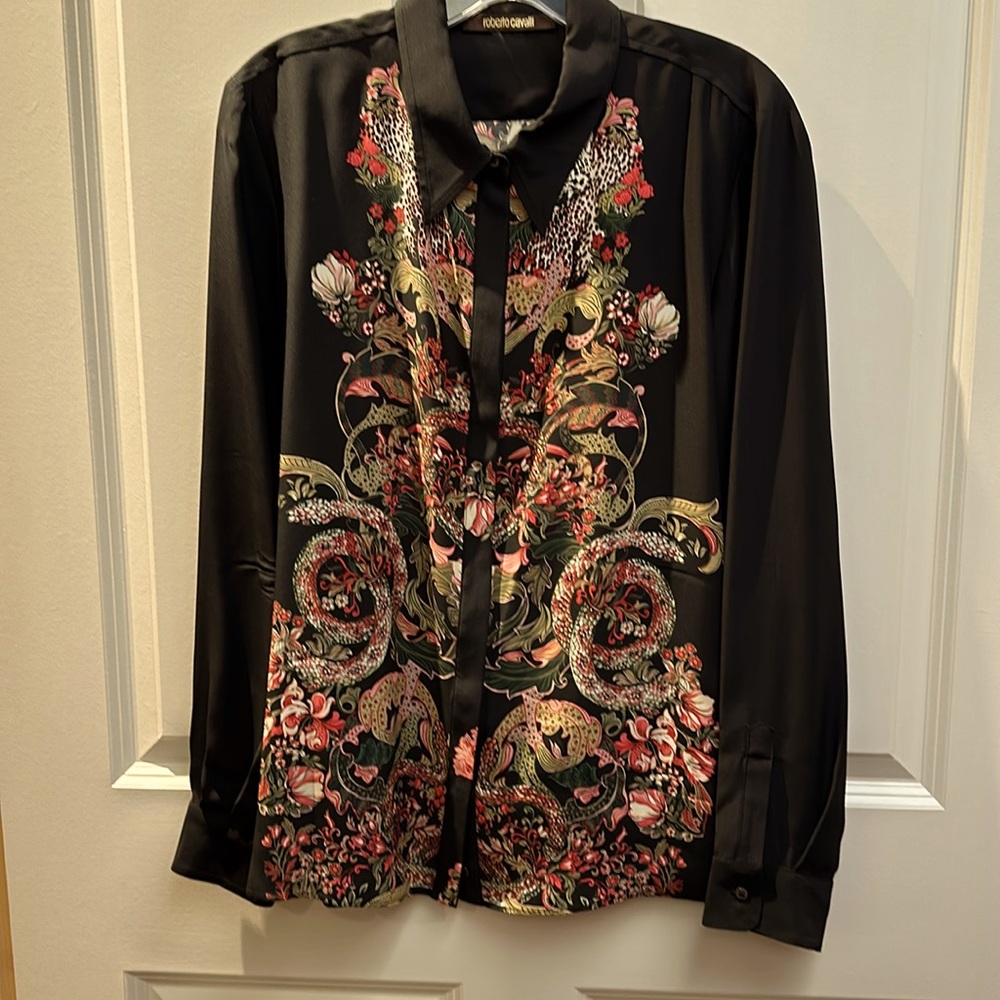 Roberto Cavalli Silk Black with Design Blouse Size 46 (10 US)
